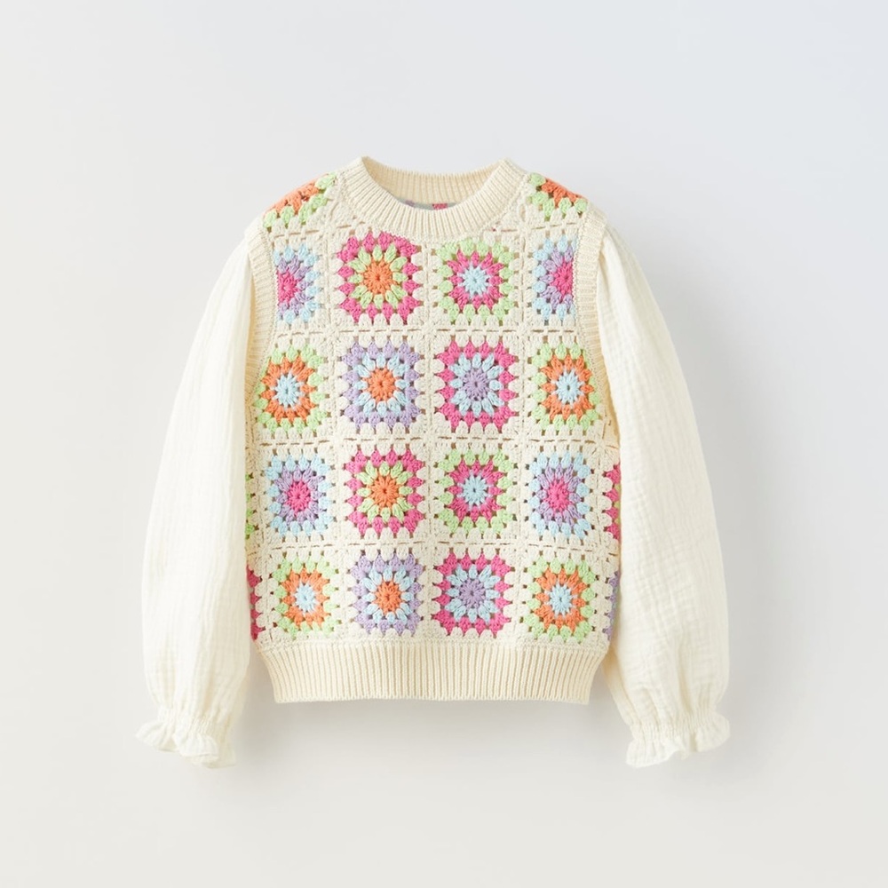 Zara girls Colorful combination Crochet Pattern knit Sweater blouse 4-5 5-6